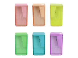 APONTADOR PLAST.C/DEPOSITO RETANGULAR 40MM PASTEL TREND CX/24UN